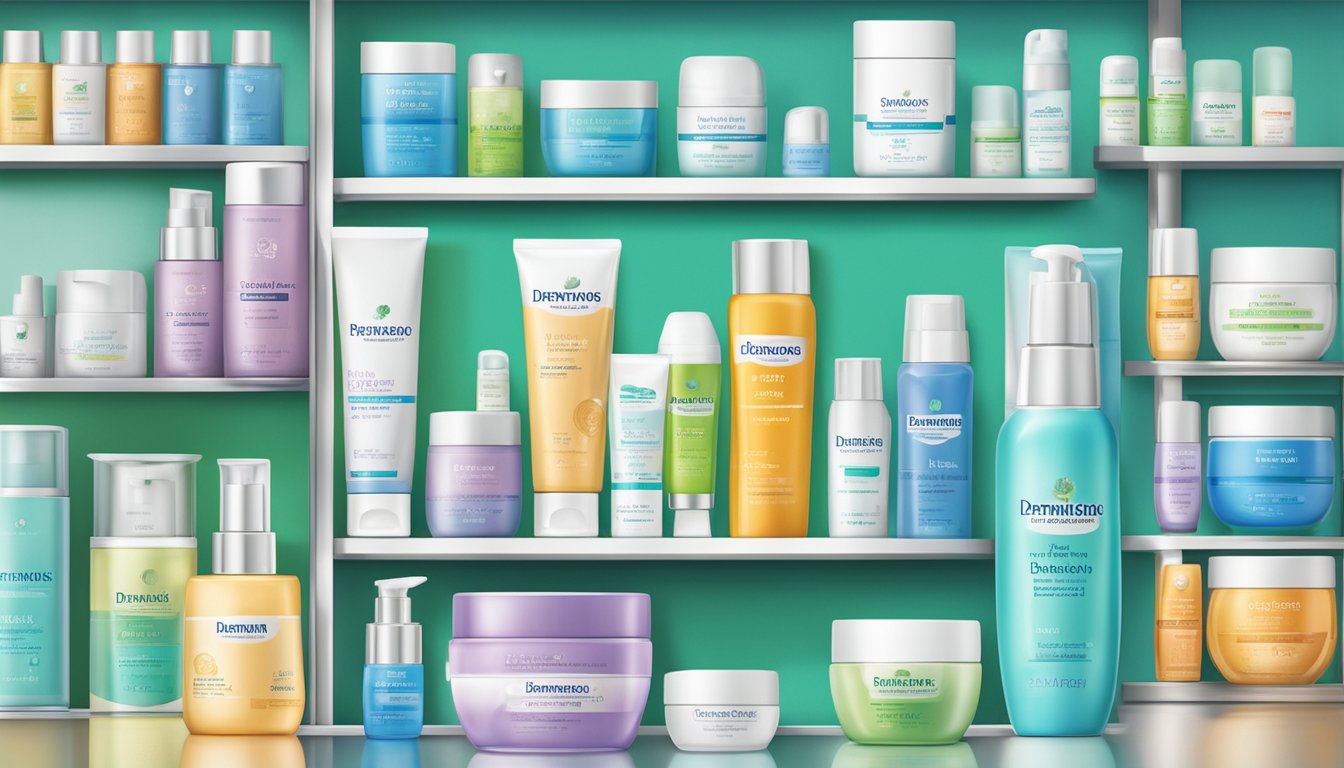 A tube of Dermasone Cream sits on a pharmacy shelf in Singapore, surrounded by other skincare products