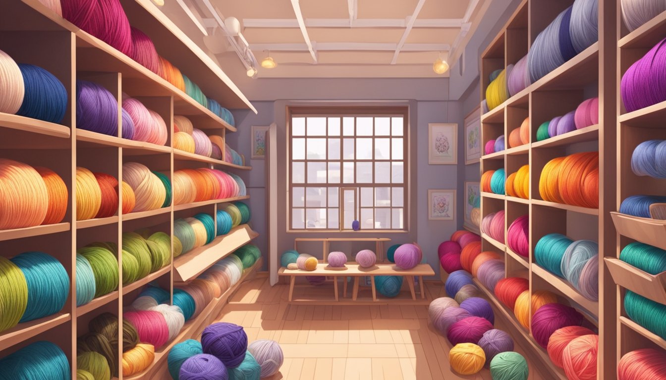 Colorful yarn displays, shelves lined with various sizes of crochet hooks, and a cozy corner for workshops in a well-lit store in Singapore