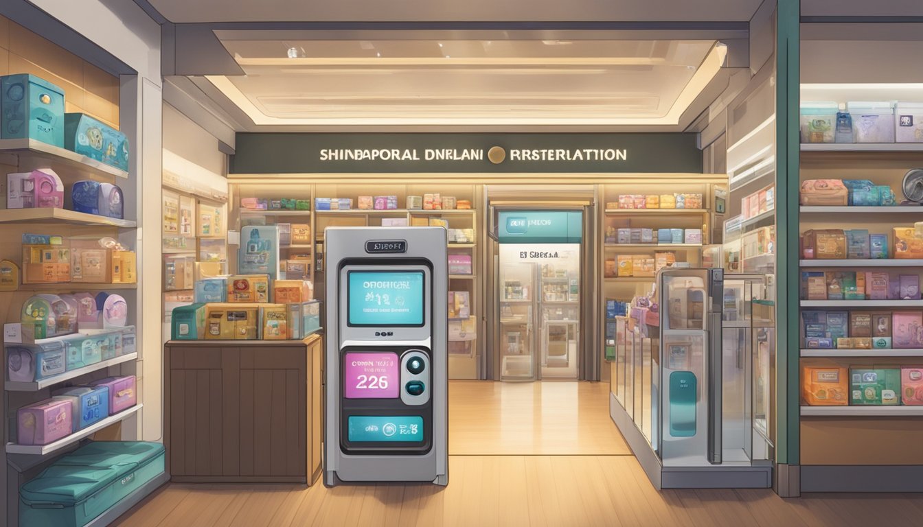 A doorbell is displayed in a Singaporean store, surrounded by various signage and products. The store is well-lit and organized, with the doorbell prominently featured