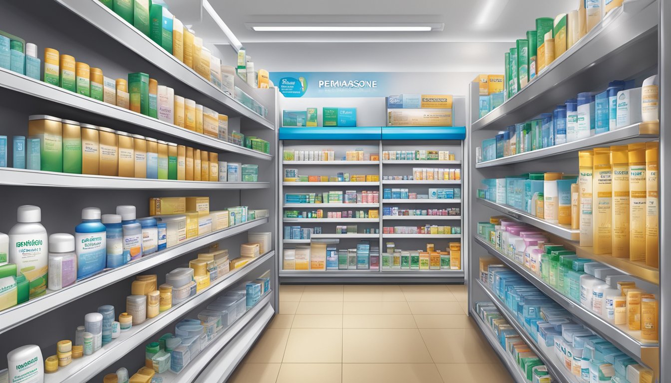 A pharmacy shelf stocked with dermasone cream in Singapore