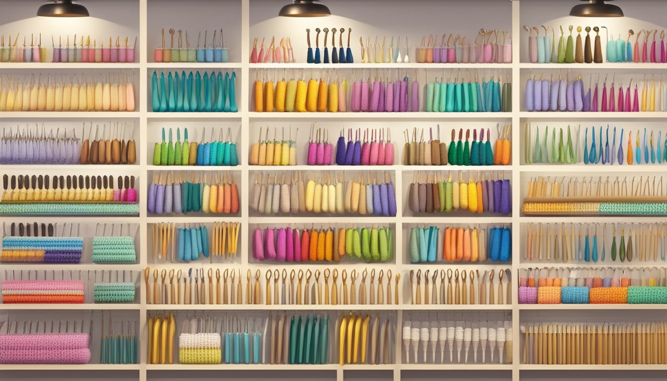 A display of various crochet hooks in a well-lit craft store in Singapore, with clear signage indicating the section for crochet supplies