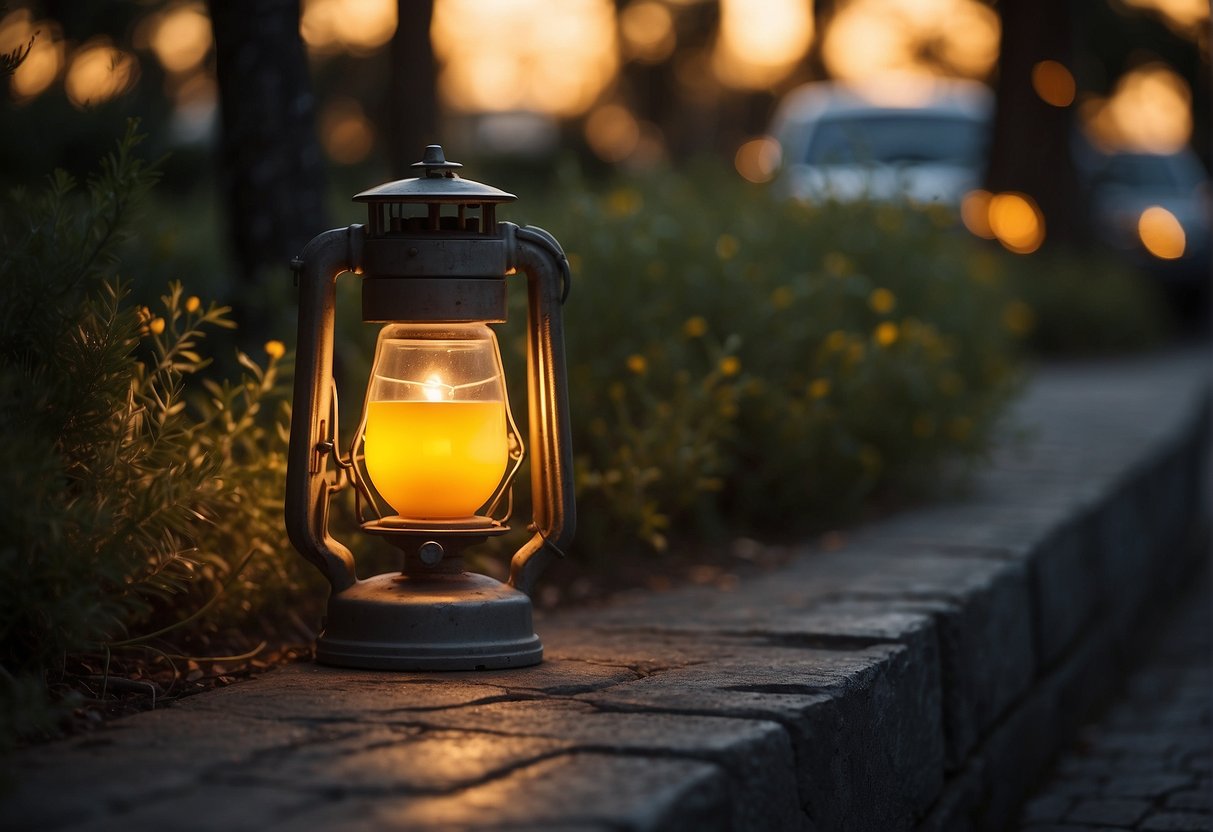 A well-lit outdoor scene with bright, warm-colored lighting to improve visibility and safety. Use yellow or orange hues to reduce glare and enhance contrast