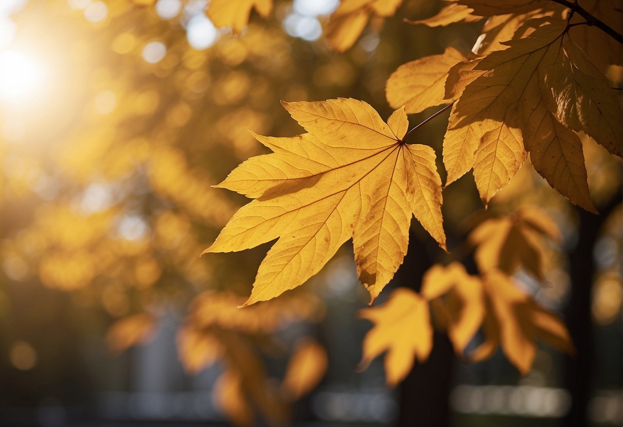 A sunny day in autumn with golden leaves and warm sunlight casting a soft, amber glow. The colors of the foliage are rich and vibrant, creating a picturesque outdoor setting