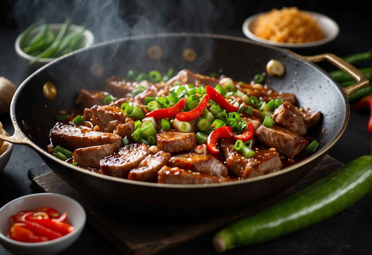 Sizzling pork collar in a wok with garlic, ginger, and soy sauce. Green onions and chili peppers garnish the dish