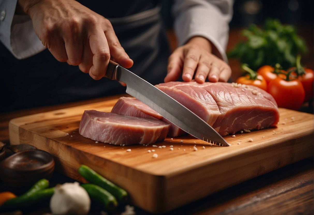 A chef slicing pork collar for a Chinese recipe. Ingredients and utensils laid out on a wooden cutting board