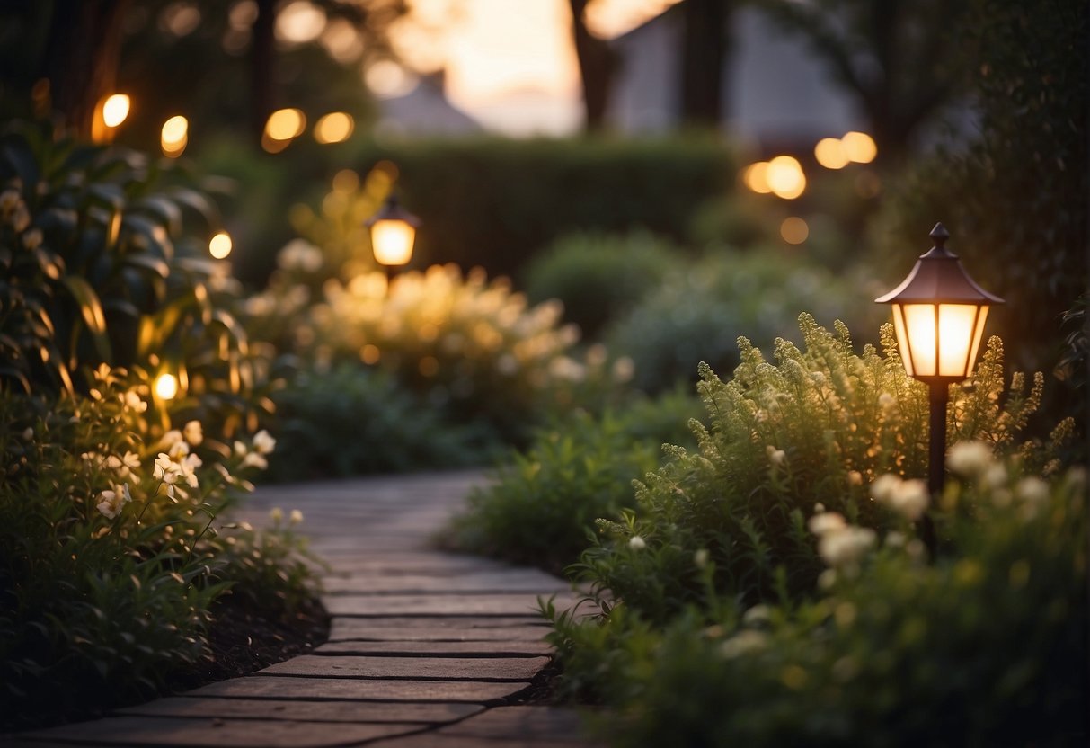 A garden with warm-toned outdoor lighting casting a soft glow on plants and pathways, creating a cozy and inviting atmosphere