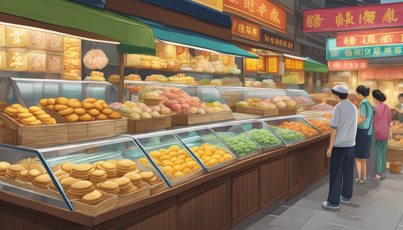 A bustling Singapore market stall sells shou tao, with a colorful array of the traditional Chinese pastries on display