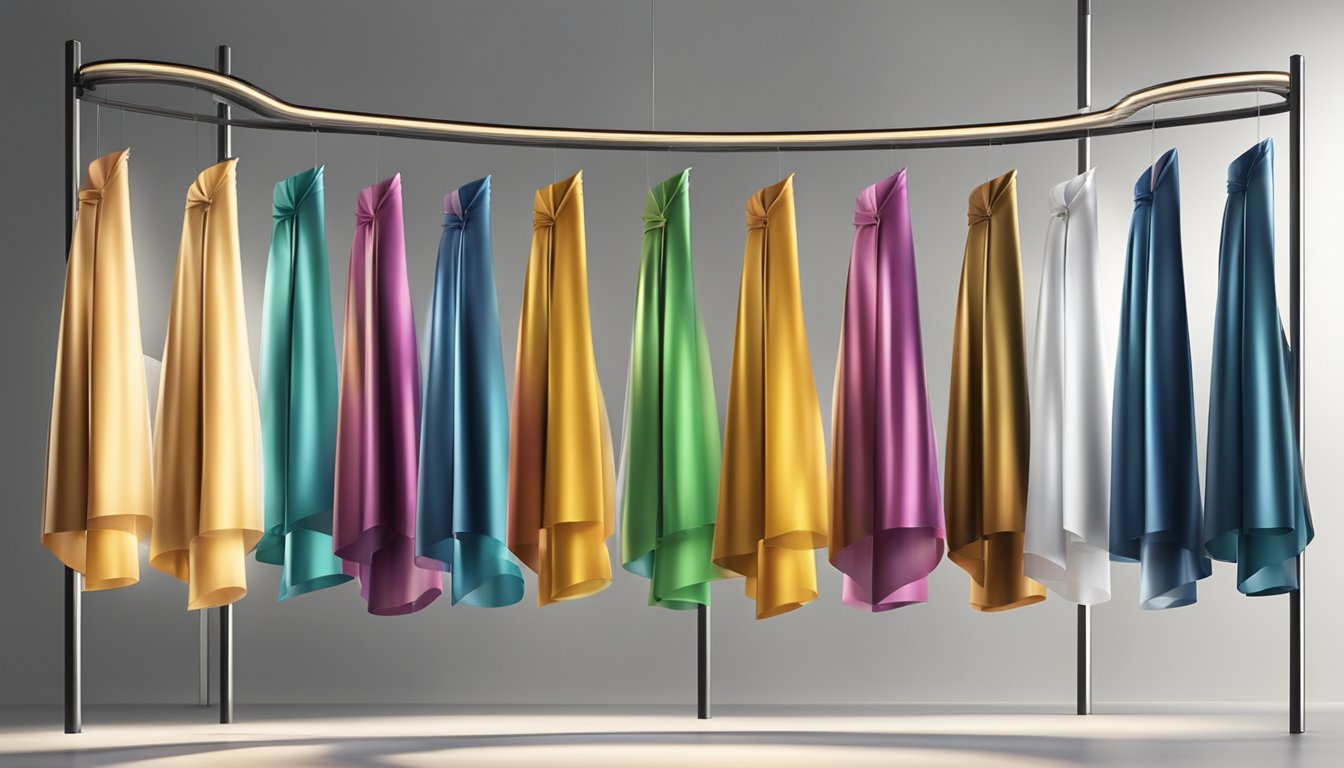 A row of colorful jubbas hanging on a sleek display rack, catching the light and exuding an aura of elegance and sophistication