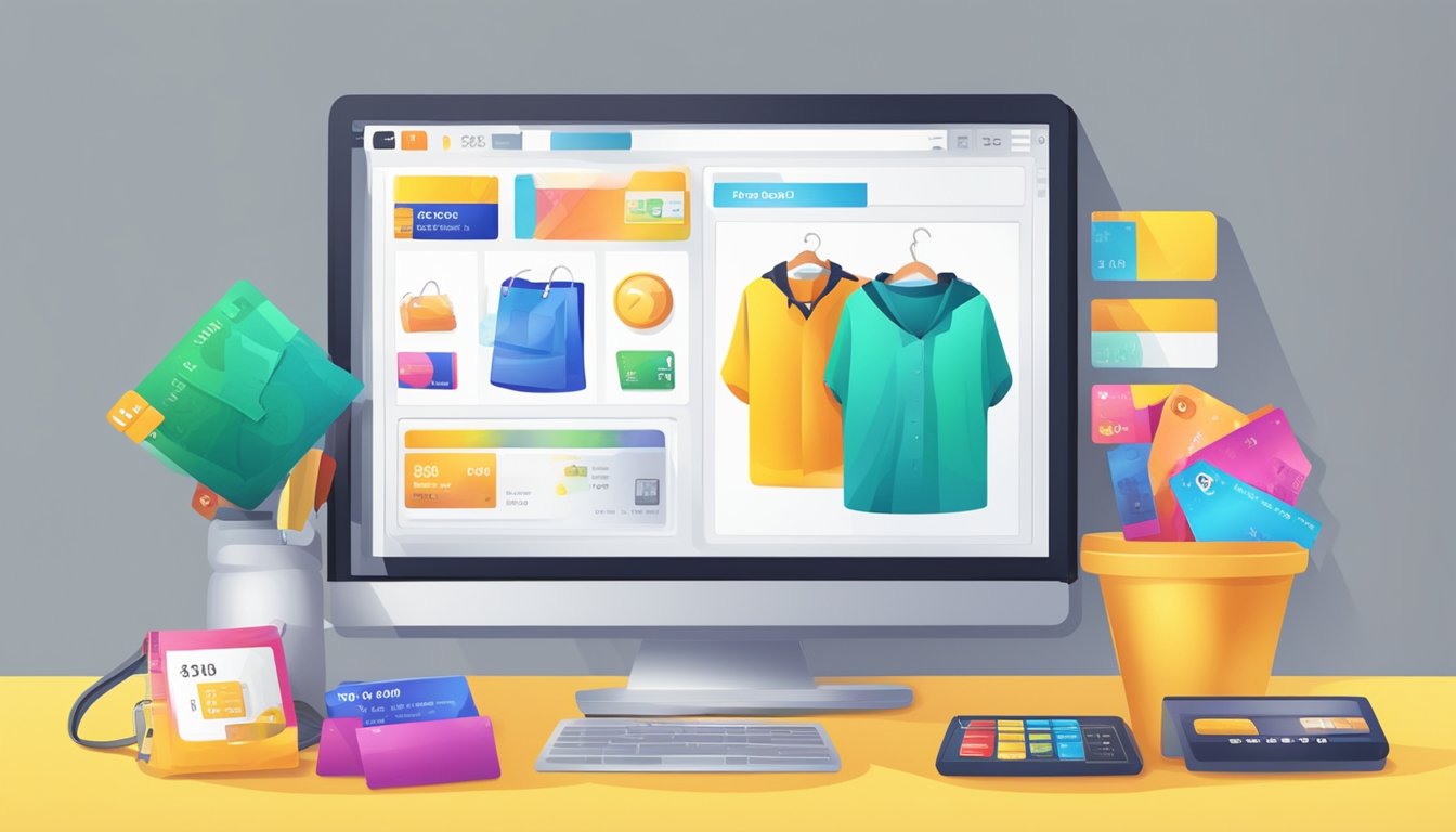 A computer screen displaying a variety of colorful jubbas with price tags and "Add to Cart" buttons. A credit card and a measuring tape sit nearby