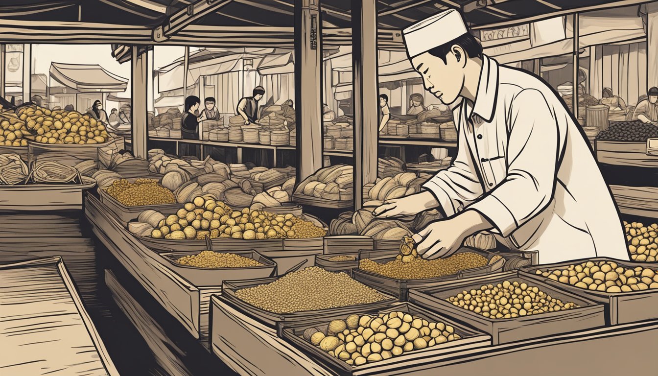 A hand reaches for a golden Shou Tao at a bustling market stall in Singapore. The vendor carefully selects the perfect one, ready to be purchased
