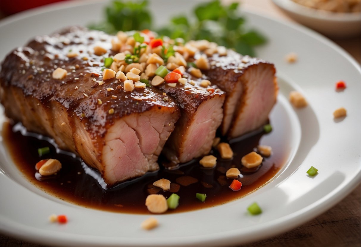 Pork collar submerged in soy sauce, ginger, and garlic. Red chili flakes sprinkled on top