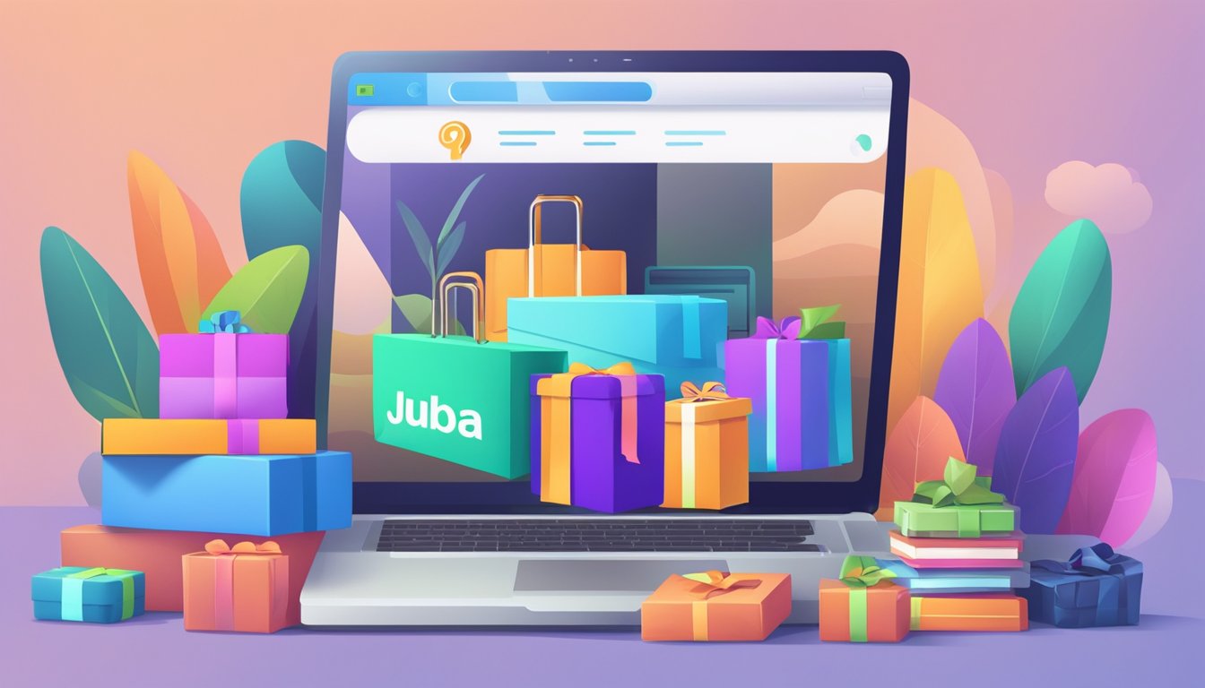 A laptop open to a website with "Frequently Asked Questions" about buying jubba online, surrounded by a stack of colorful packages and a delivery truck in the background