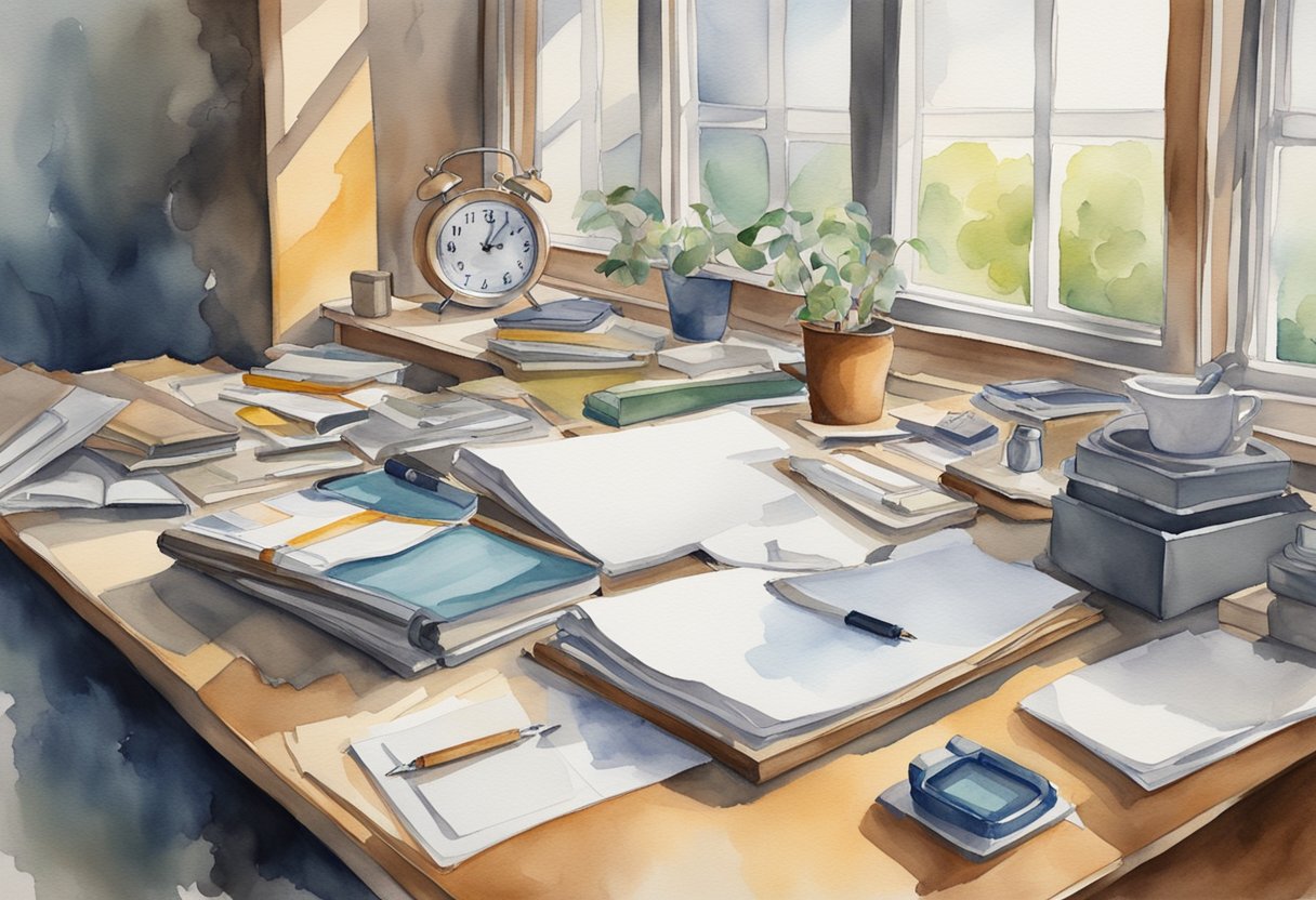 A cluttered desk with unfinished tasks, a clock ticking, and a person staring out the window