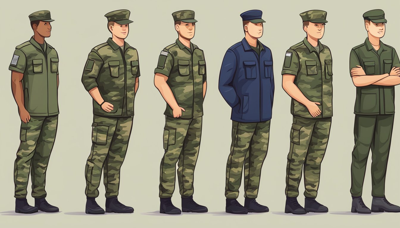 Soldiers ordering army uniforms online. Computer screen showing various uniform options. Package delivery at doorstep