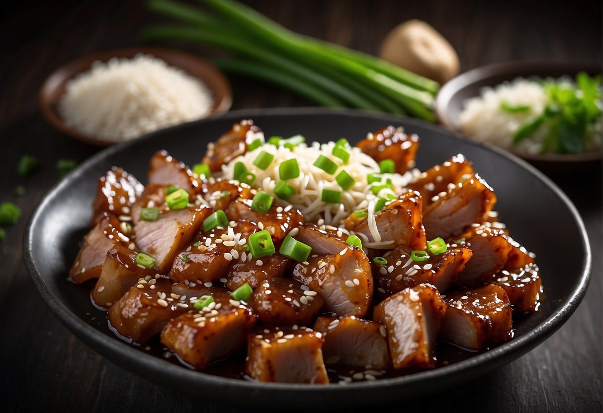 Pork collar sliced, marinated, stir-fried in wok with ginger, garlic, soy sauce, and sugar. Garnished with green onions and sesame seeds
