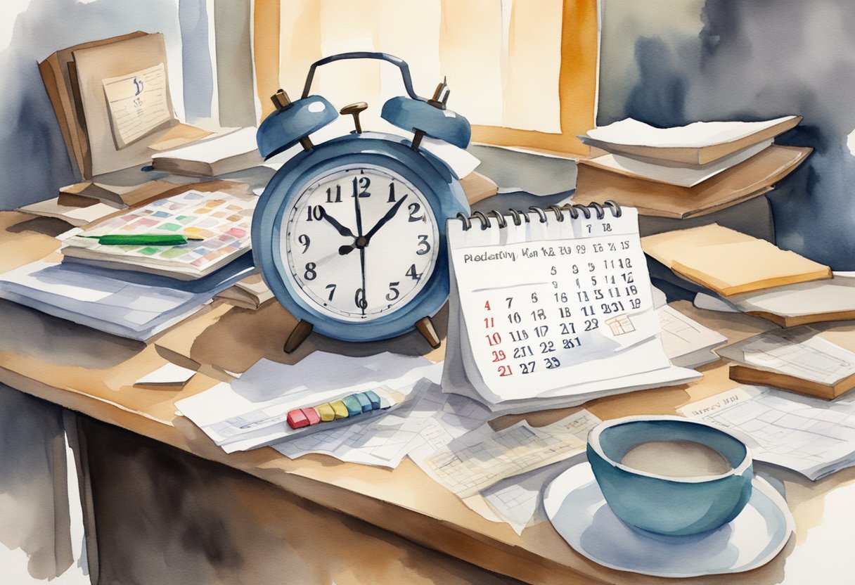 A cluttered desk with a calendar showing a past due deadline, a clock ticking, and unfinished tasks piling up