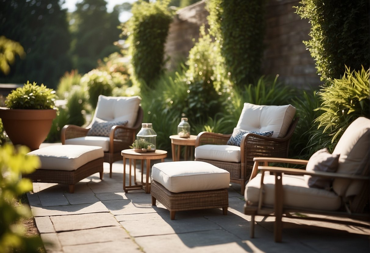 A cozy outdoor seating area with plush cushions and reclining chairs, surrounded by lush greenery and bathed in warm sunlight