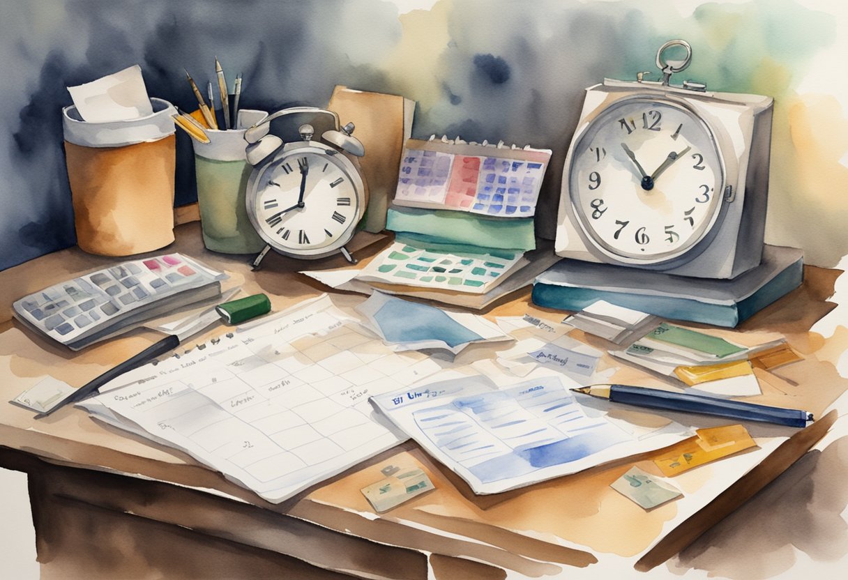 A cluttered desk with a calendar showing a past due date, a clock ticking, and a to-do list with unchecked items