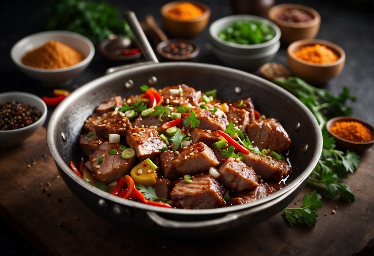 A sizzling wok with marinated pork collar, surrounded by vibrant Chinese spices and fresh herbs, ready to be cooked to perfection