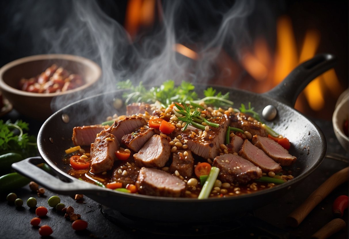 A sizzling wok cooks strips of marinated pork collar, surrounded by aromatic Chinese spices and herbs. Steam rises as the meat caramelizes, creating a mouthwatering aroma