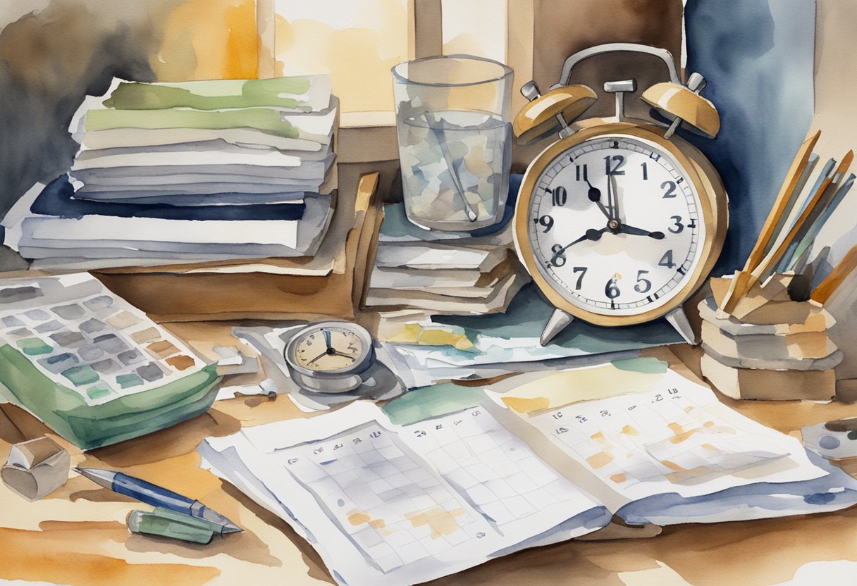 A cluttered desk with unfinished tasks, a clock ticking, and a calendar with past due dates