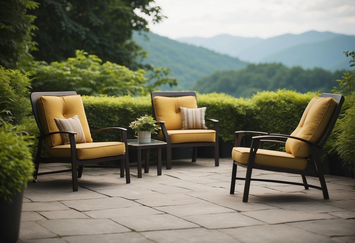 A row of sturdy, cushioned outdoor chairs, surrounded by lush greenery, with a price tag and comfort rating displayed prominently