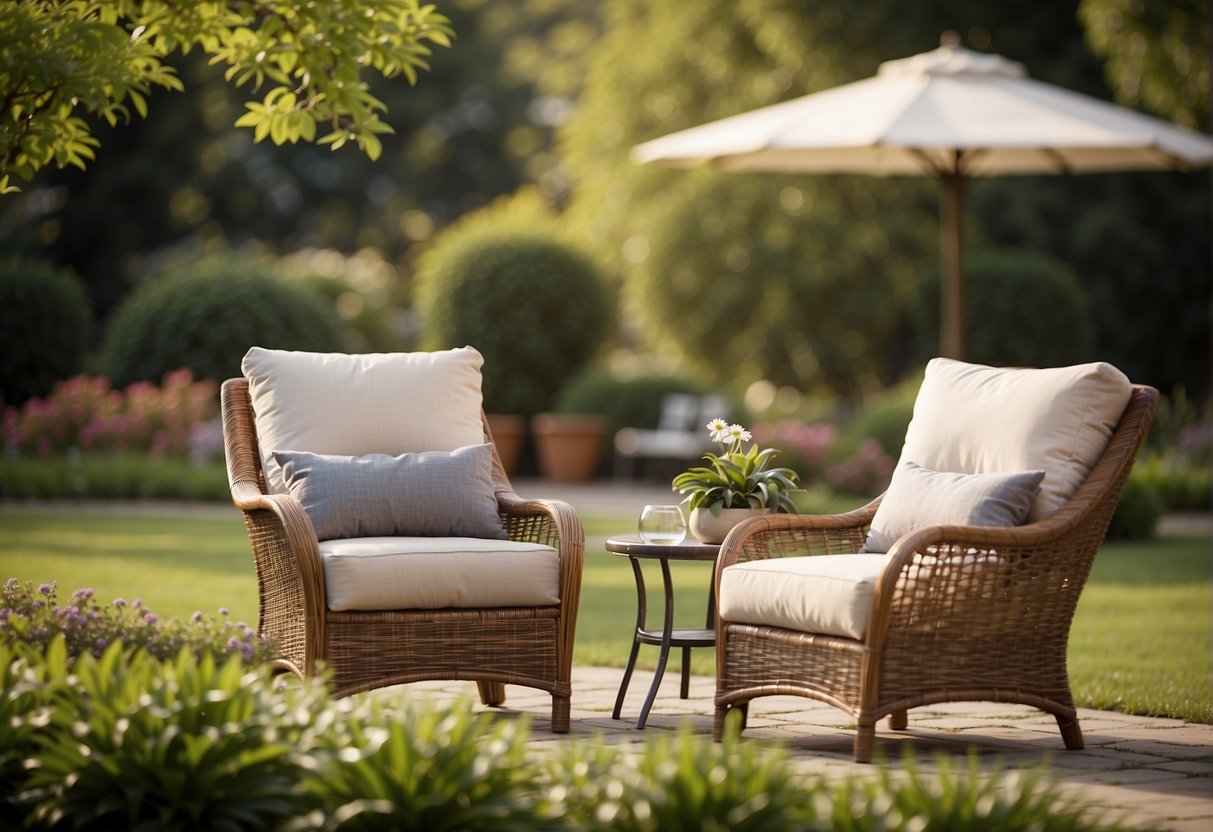 Comfortable outdoor chairs from popular brands and manufacturers arranged in a lush garden setting, with a variety of styles and materials