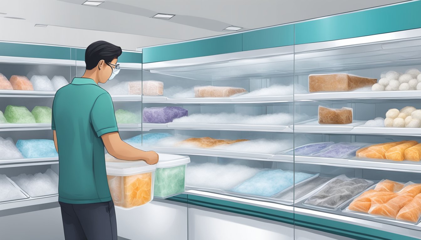 A customer at a store in Singapore selects a dry ice pack from a display freezer