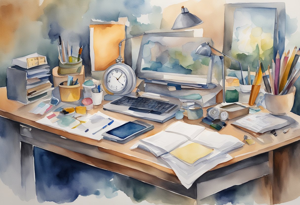 A cluttered desk with unfinished tasks, a clock ticking, and various distractions surrounding it