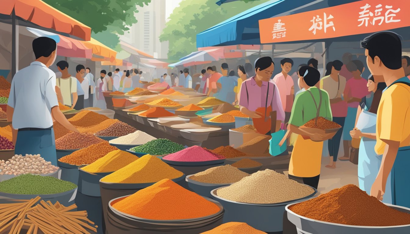 A bustling street market in Singapore displays rows of spice vendors, with colorful bags of sole fish powder stacked neatly on their shelves