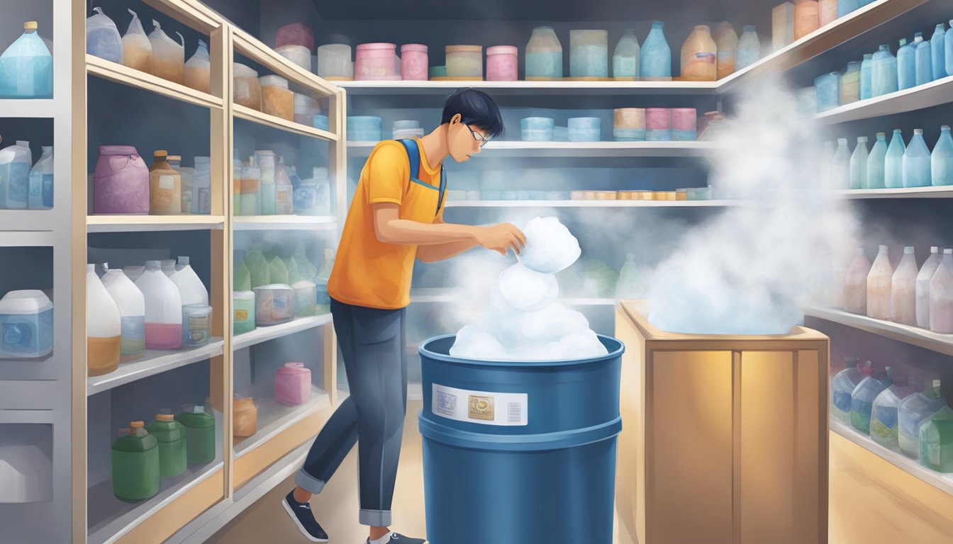 A person pouring dry ice into a container at a store in Singapore