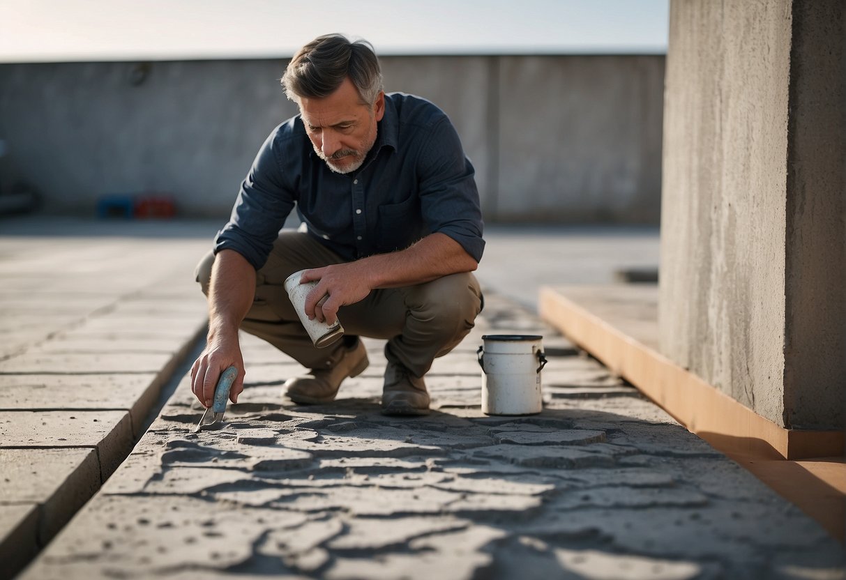 An artist examines weathered concrete, choosing paint for outdoor use based on surface condition