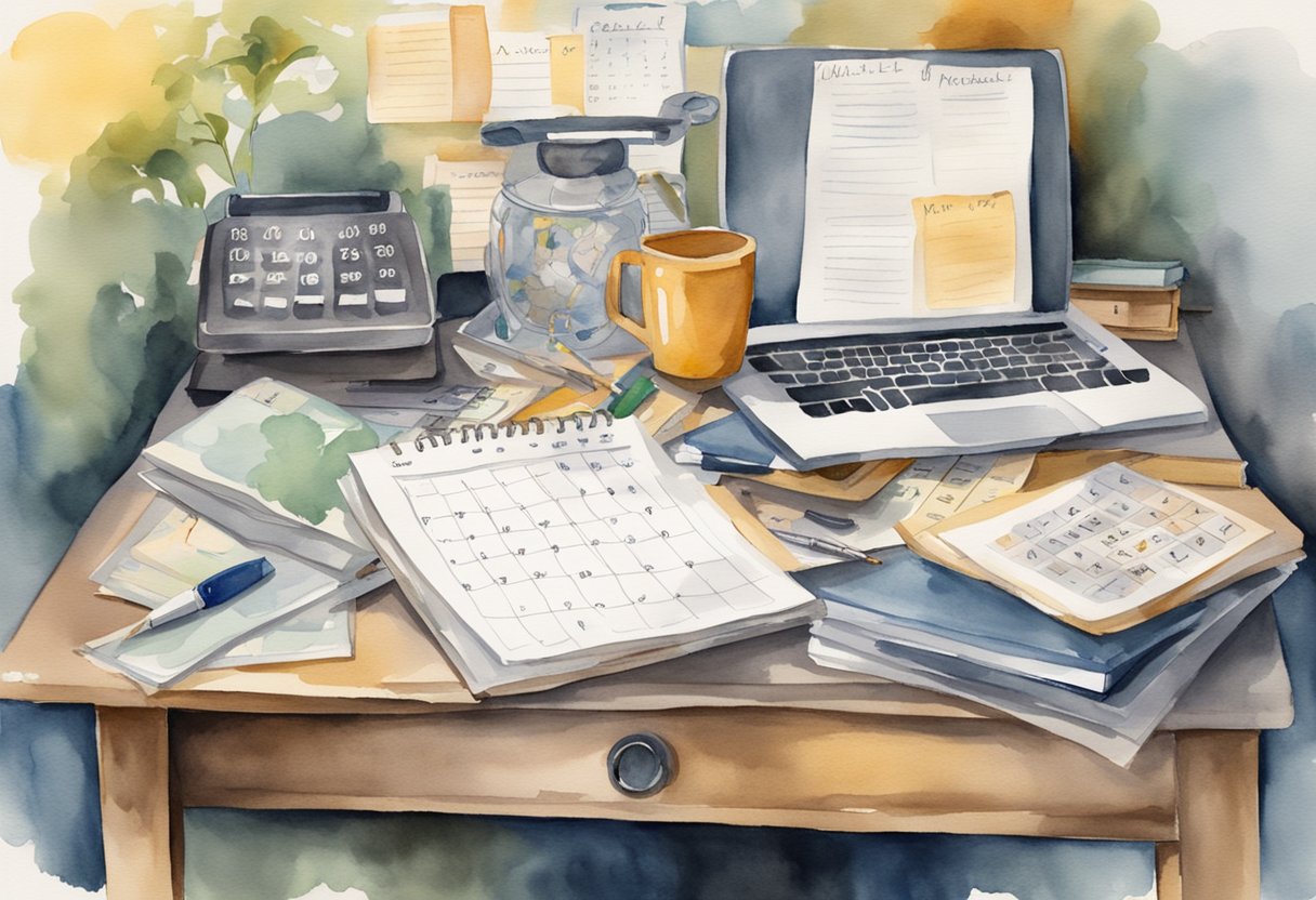 A cluttered desk with a calendar showing past due dates, a clock ticking, and a person's to-do list with unchecked items