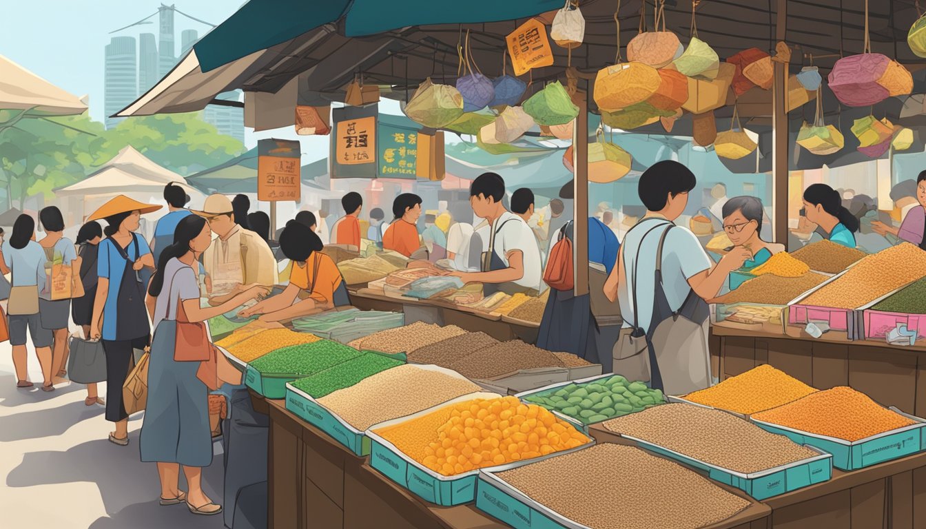 A bustling market stall in Singapore displays packets of sole fish powder, with colorful signage and eager customers