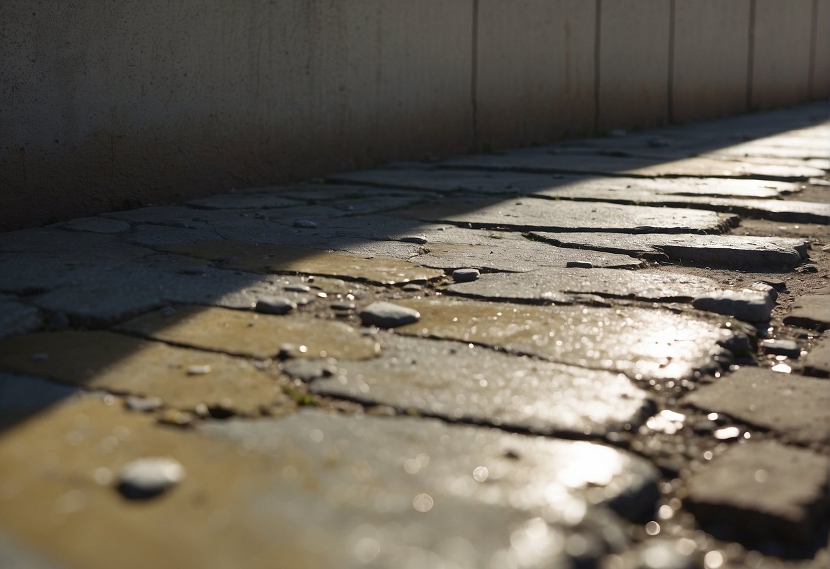 A sunny day with concrete surface exposed to the elements, showing signs of weathering and UV damage