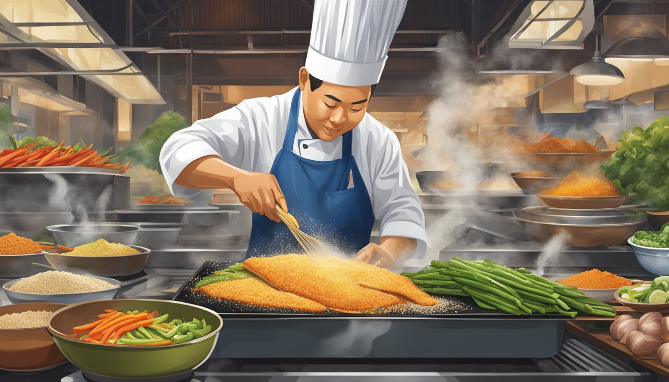 A chef sprinkles sole fish powder onto a sizzling pan of stir-fry vegetables in a bustling Singaporean market