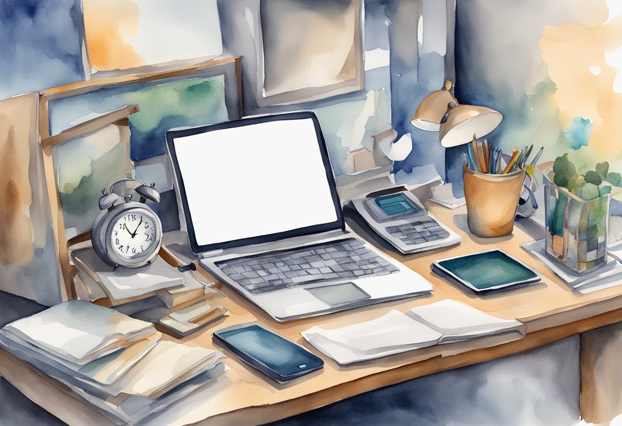 A cluttered desk with a laptop, phone, and unfinished tasks. A clock shows time slipping away. A person looks overwhelmed by distractions