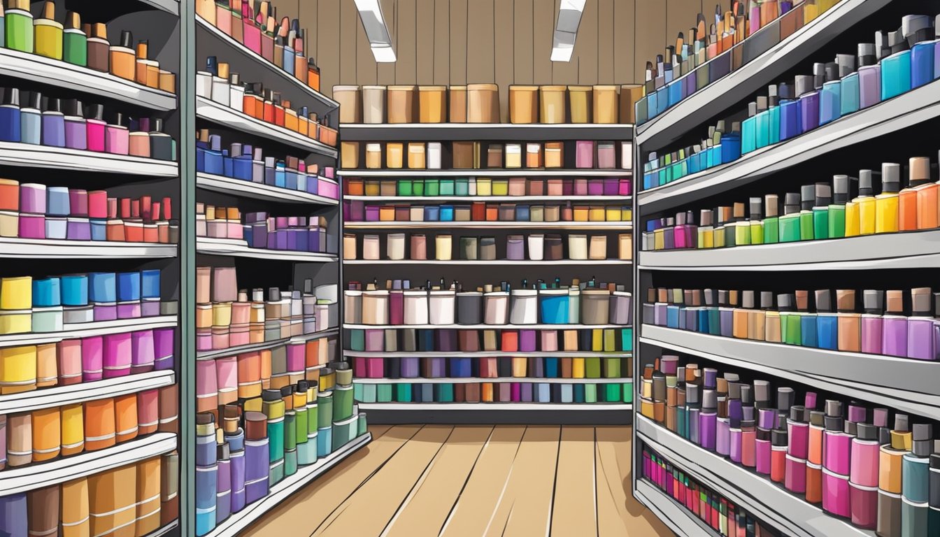 A colorful display of face paint tubes and palettes on shelves in a Singaporean art supply store