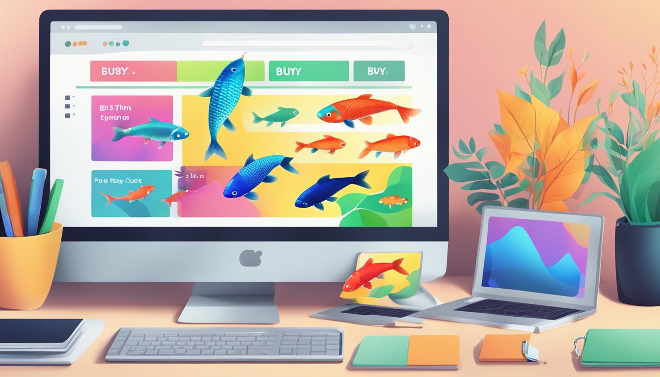 A computer screen showing a colorful website with koi fish for sale. A hand cursor hovers over the "buy now" button