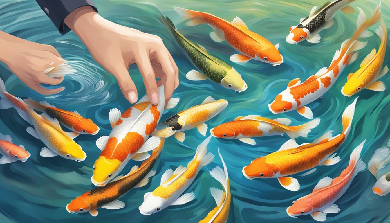 A hand reaches into a clear, tranquil pond, selecting a vibrant koi fish from a variety of colorful options. The water ripples as the fish is carefully chosen