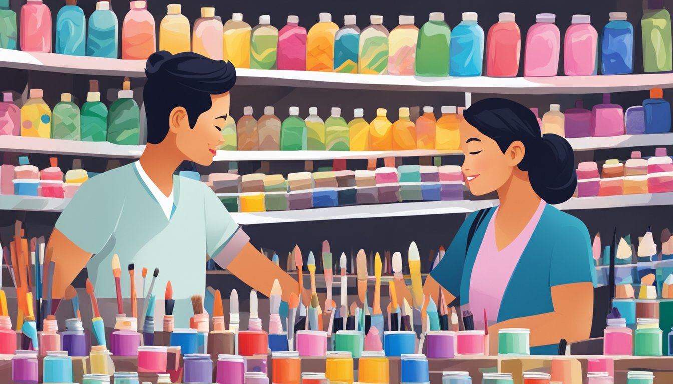 A bustling market stall in Singapore sells vibrant face paint to eager customers. Shelves display a colorful array of face paint palettes and brushes