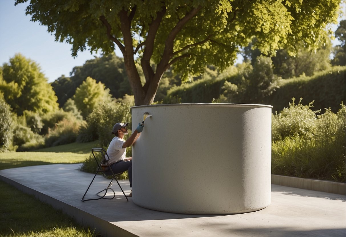 A sunny outdoor setting with a concrete surface being painted with a durable, weather-resistant paint. Surrounding greenery and clear skies indicate environmental factors