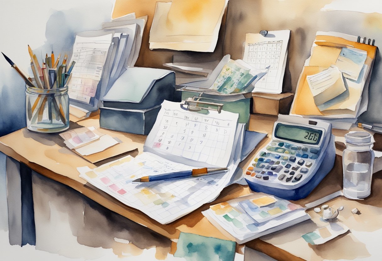 A cluttered desk with unfinished tasks and a calendar with past due dates. A clock showing the passing of time. A person feeling overwhelmed by the mounting consequences of procrastination