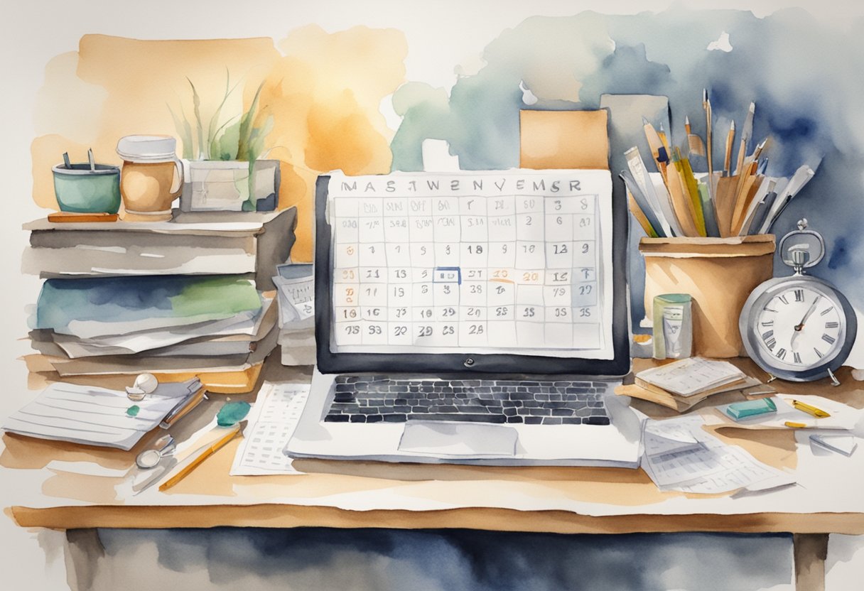 A cluttered desk with unfinished tasks, a clock ticking away, and a calendar with missed deadlines