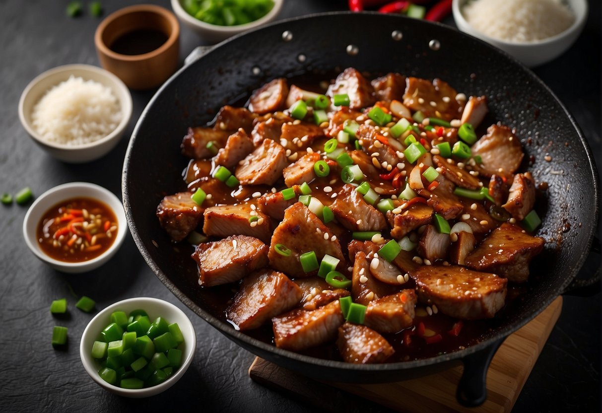 A sizzling pork jowl in a wok with ginger, garlic, and soy sauce. Green onions and chili peppers add color and flavor