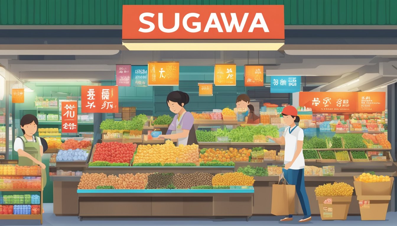 A bustling market stall displays various Sugawa products in vibrant packaging, with a sign overhead reading "Sugawa available here" in Singapore
