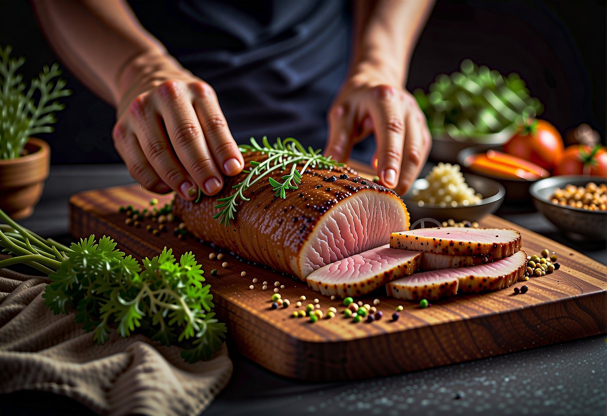 A hand reaching for a prime pork fillet, surrounded by fresh herbs and spices, with a Chinese cookbook open nearby