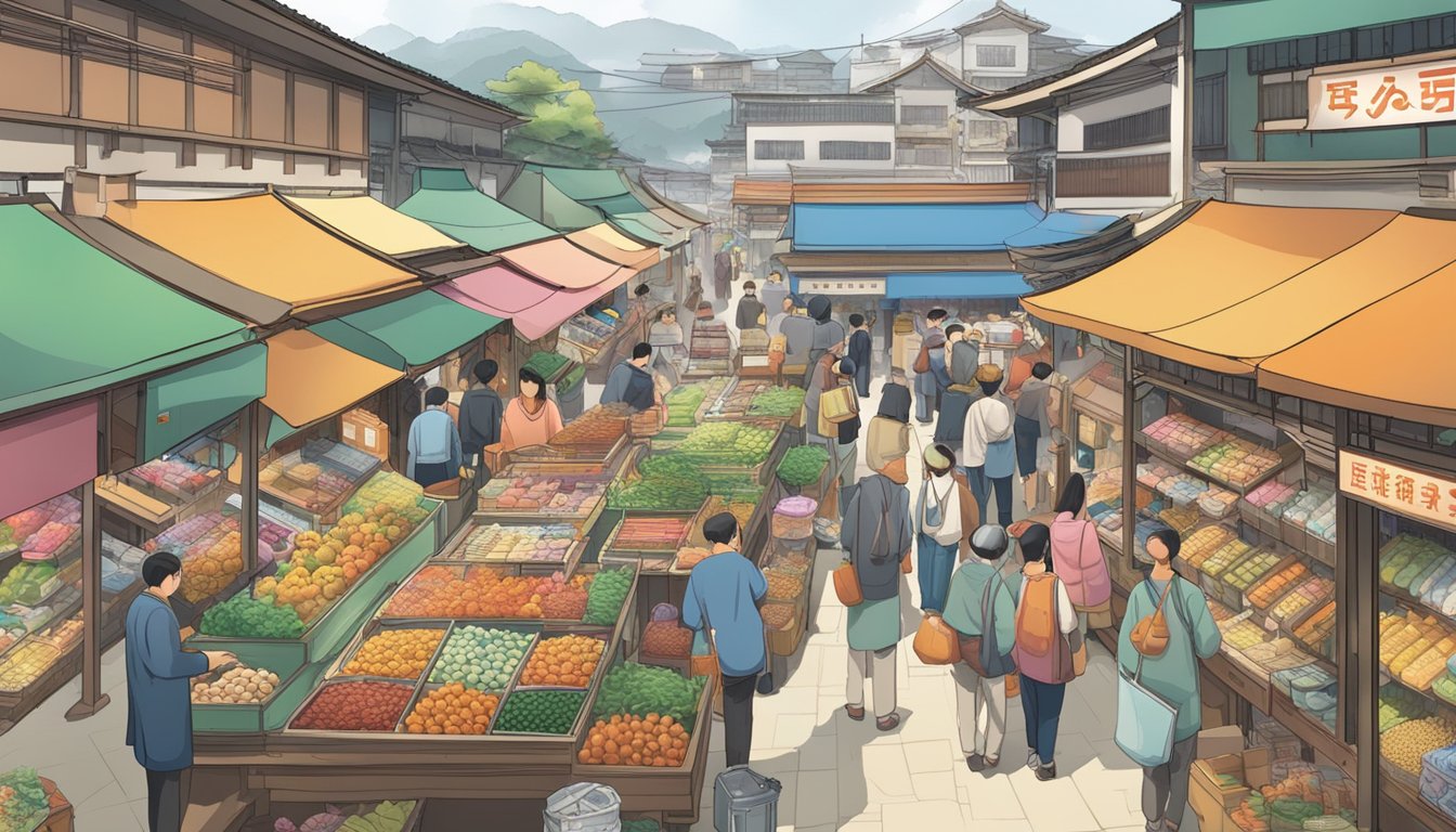 A bustling market with colorful stalls and signage, displaying "Sugawa" products in prominent locations. Customers browsing and purchasing items