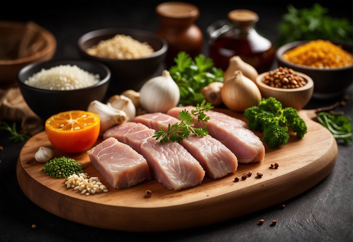 A cutting board with pork fillet, ginger, garlic, soy sauce, and various Chinese spices. Bowls of possible substitutes like tofu and mushrooms nearby