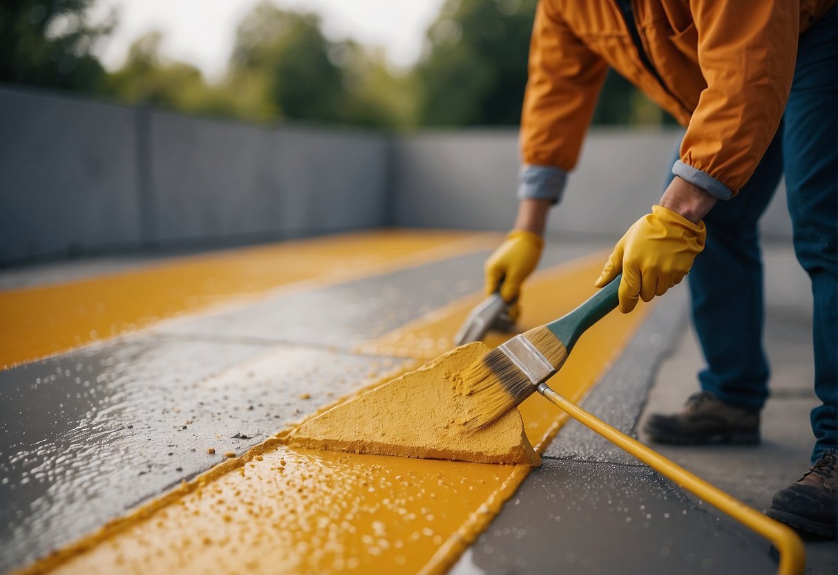 An outdoor concrete surface being painted with a cost-effective and durable paint, with a focus on budgeting and long-term effectiveness